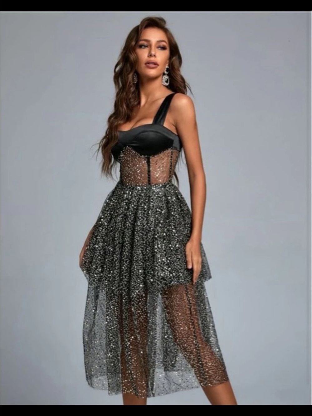 NWOT Bella Barnett Black Sparkle Mesh Corset Midi Dress with Sheer Skirt Sz S